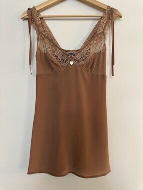 Tan Brown Silk Top Lace Slip Cami Romantic Feminine Lingerie Style Italian Size